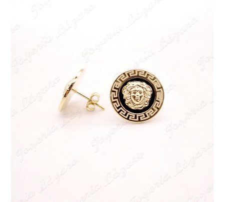 PEND. ORO 18 KTS 14mm ONIX MEDUSACON FILO GRECA