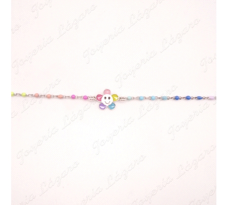 PULSERA PLATA BOLITAS COLOORES Y FLOR CARITA ESMALTADA                                              
