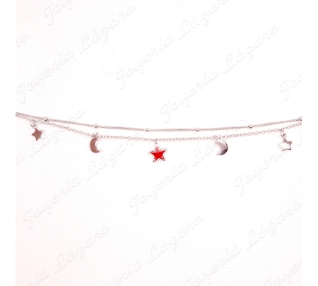 PULSERA PLATA CADENA DOBLE MOTIVOS ESTRELLAS+LUNAS                                                  