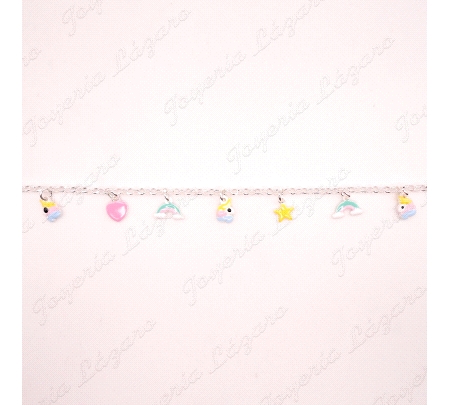 PULSERA PLATA UNICORNIO+ESTRELLA+CORAZON+ARCOIRIS ESMALTE COLORES                                   