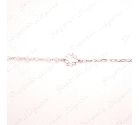 PULSERA PLATACOMBINADA PIEDRAS BLANCAS FLOR SEMALTE CADENITA                                        