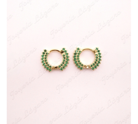 PEND. AROS PLATA CIRCONITAS VERDE ESMERALDA DORADOS 14MM