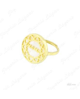 SORTIJA PLATA CHAPADA ORO AJUSTABLE MAMA Y CORAZONES SOBRE NACAR                                    