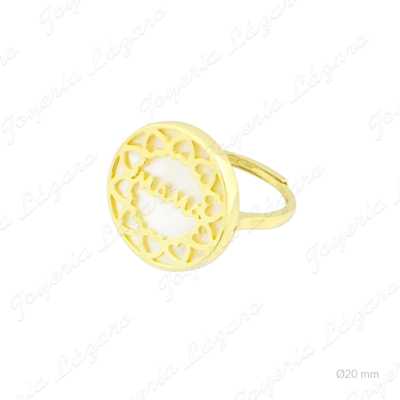 SORTIJA PLATA CHAPADA ORO AJUSTABLE MAMA Y CORAZONES SOBRE NACAR                                    