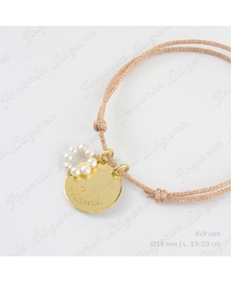 PULSERA HILO ROSA+MEDALLA PLATA CHAPADA ORO MAMA+ARITO PERLAS                                       