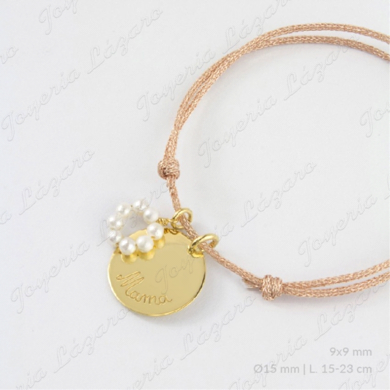 PULSERA HILO ROSA+MEDALLA PLATA CHAPADA ORO MAMA+ARITO PERLAS                                       