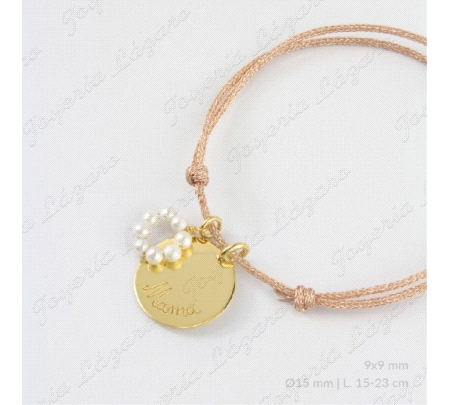 PULSERA HILO ROSA+MEDALLA PLATA CHAPADA ORO MAMA+ARITO PERLAS                                       