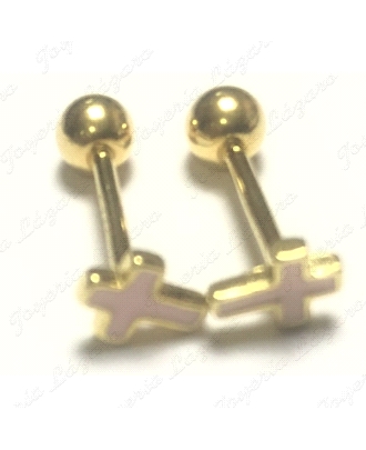 PIERCING PLATA CHAPADA ORO CRUZ ESMALTE ROSA                                                        