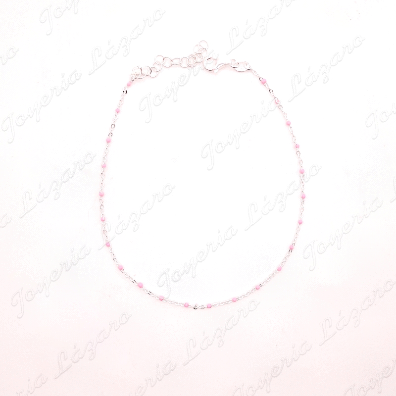 TOBILLERA PLATA FINITA BOLITAS ROSAS                                                                