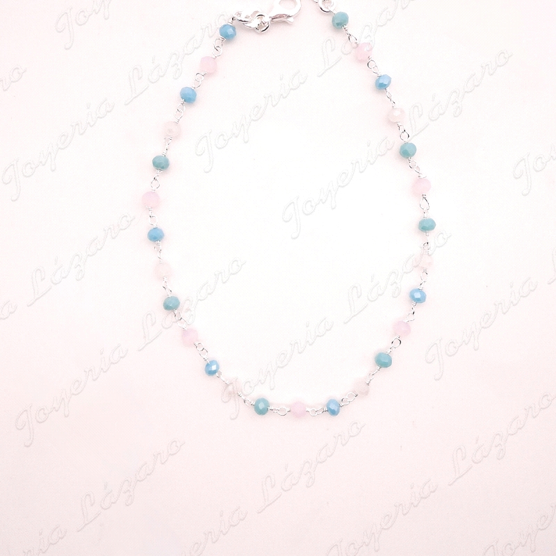 TOBILLERA PLATA BOLITAS ROSA, BLANCA Y TURQUESA                                                     
