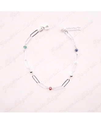 PULSERA PLATA ESLAB, FORZADOS LARGOS, BOLITAS COLORES                                               