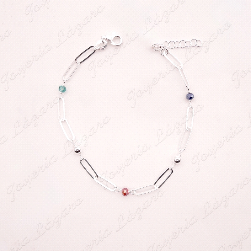 PULSERA PLATA ESLAB, FORZADOS LARGOS, BOLITAS COLORES                                               