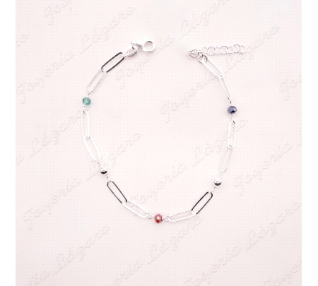 PULSERA PLATA ESLAB, FORZADOS LARGOS, BOLITAS COLORES
