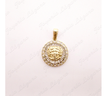 COLGANTE ORO 18 KTS DISCO 13MM MEDUSA CERCO CALADO GRECA Y CIRCO