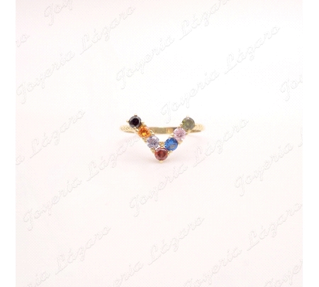 SORTIJA PLATA CHAPADA ORO  CIRCONITAS COLORES EN V