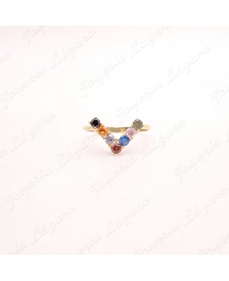 SORTIJA PLATA CHAPADA ORO  CIRCONITAS COLORES EN V                    