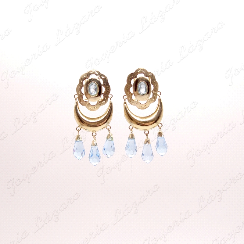 PEND. LARGOS ORO 18KT OCASION BALANCIN 3 CHUPONES  CRISTAL AZUL C. OME                              