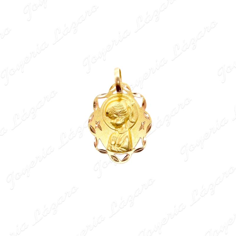 MEDALLA ORO 18 KTS VIRGEN NIÑA 17X20MM FILI CALADO TALLADO