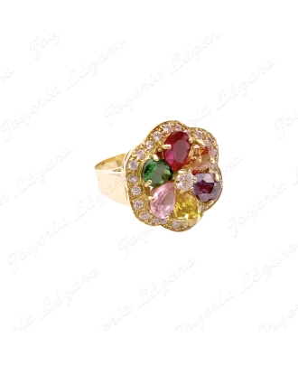 SORTIJA ORO 18KT SEMINUEVO  ROSETON FLOR CIRCO MULTICOLOR CON JUEGO                                 