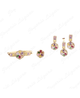 SORTIJA ORO 18KT SEMINUEVO  ROSETON FLOR CIRCO MULTICOLOR CON JUEGO                                 