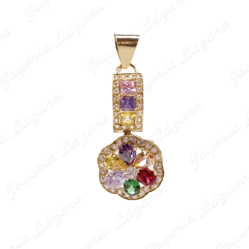 COLGANTE GR. ORO 18KT SEMINUEVO ROSETON FLOR CIRCO MULTICOLOR CON JUEG                              