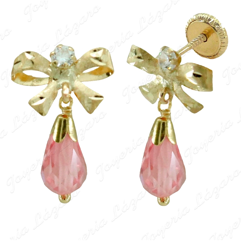 PEND. LARGOS ORO 18 KTS CIRCO, LAZO 2.5MM PERITA CRISTAL ROSA 7X5mm                                 