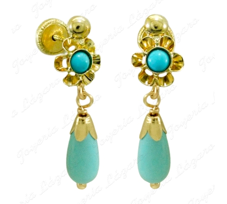ORO 18 KTS PENDIENTES SIMIL TURQUESA 20mm ARQUILLO Y CHUPON C. TORN.                                