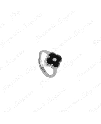 SORTIJA PLATA AJUSTABLE TREBOL NEGRO CON CIRCO CERCO                                                