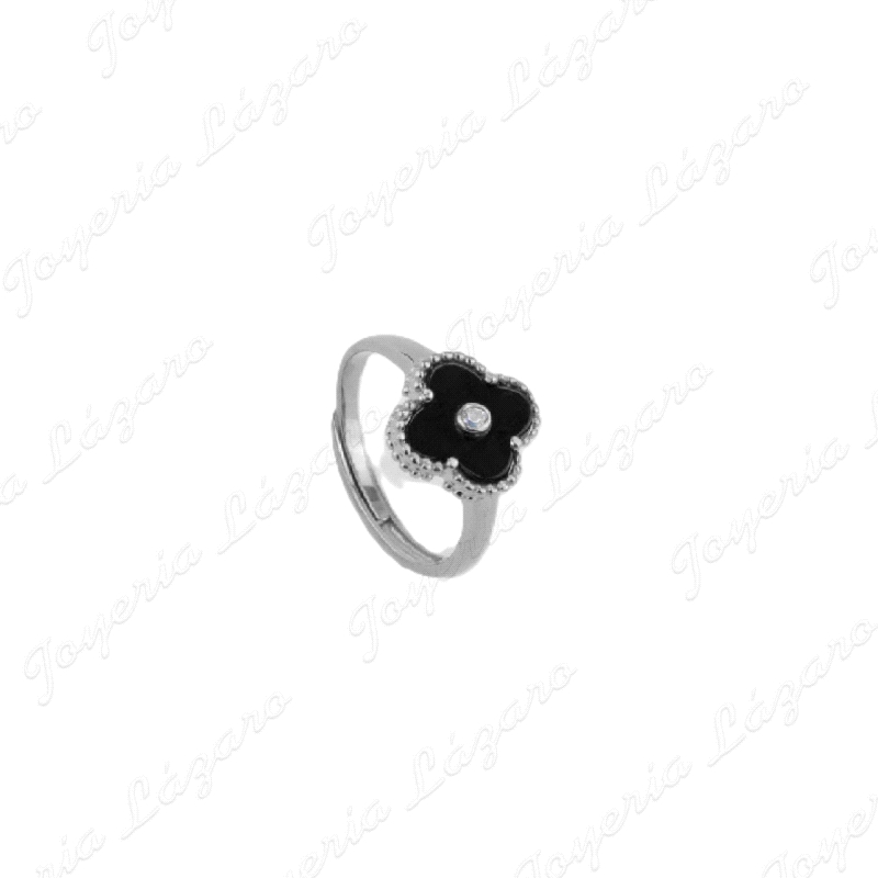 SORTIJA PLATA AJUSTABLE TREBOL NEGRO CON CIRCO CERCO                                                