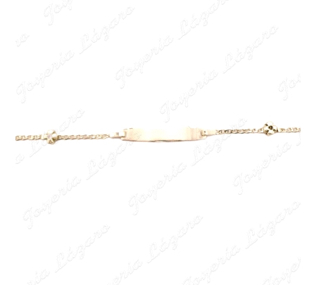 ESCLAVA NIÑ@ ORO 18KT OCASION 14.5MM 2 TREBOLES CORREDERA PLACA OVAL