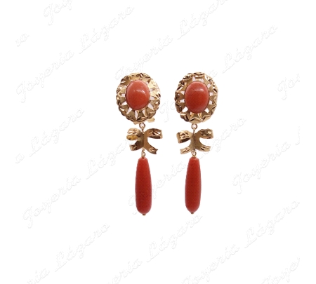 PEND. CORAL ORO 18KT SEMINUEVO CABUJON+LAZO+CHUPON  5CM                                             