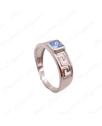 SORTIJA PLATA SOLITARIO CIRCO AZUL CUADRADA, GRECA EN BRAZOS                                        