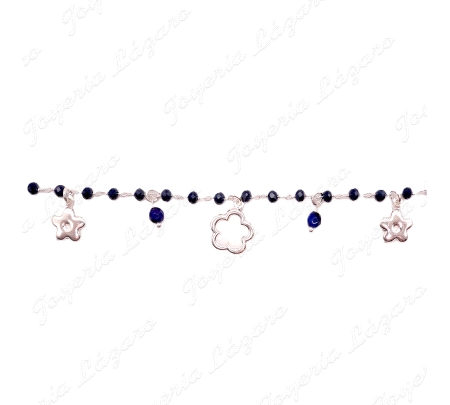 PULSERA PLATA BOLAS OIX+DOS FLORES LISAS FETICHE Y UNA CALADA GRANDE