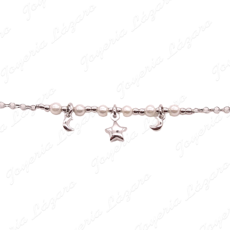 PULSERA PLATA PERLITAS+ESTRELLA Y DOS LUNAS                                                         