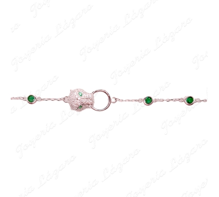 PULSERA PLATA JAGUAR OJOS VERDES+CIRCOS ESMERALDA BOCEL