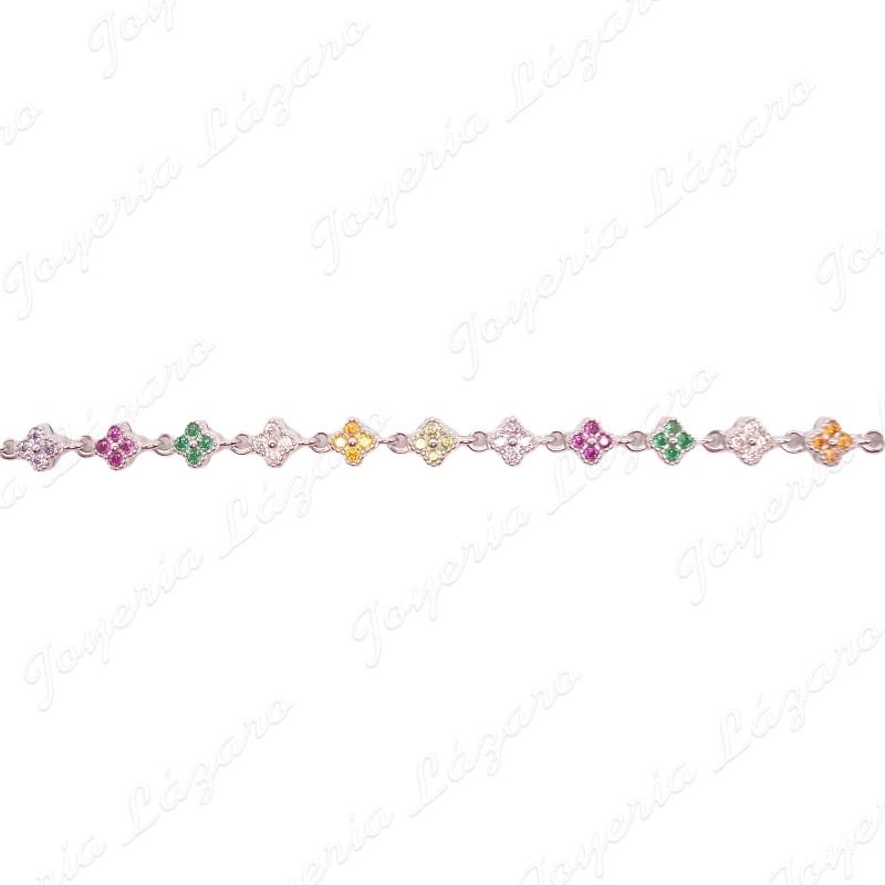 PULSERA PLATA FLORES CIRCONITAS MULTICOLOR                                                          