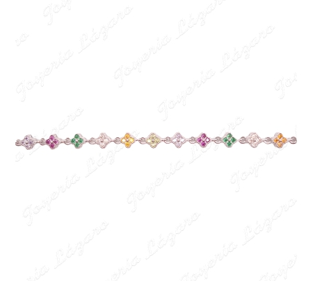 PULSERA PLATA FLORES CIRCONITAS MULTICOLOR