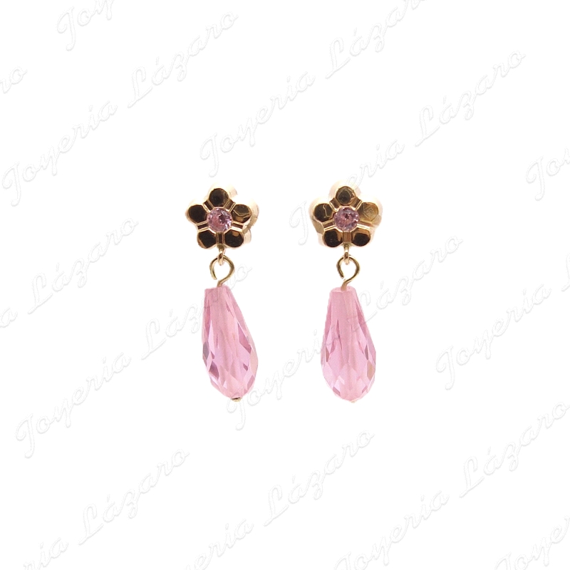 PEND. LARGOS ORO 18 KTS 25MM FLOR+ CHUPON CRISTAL ROSA                                              