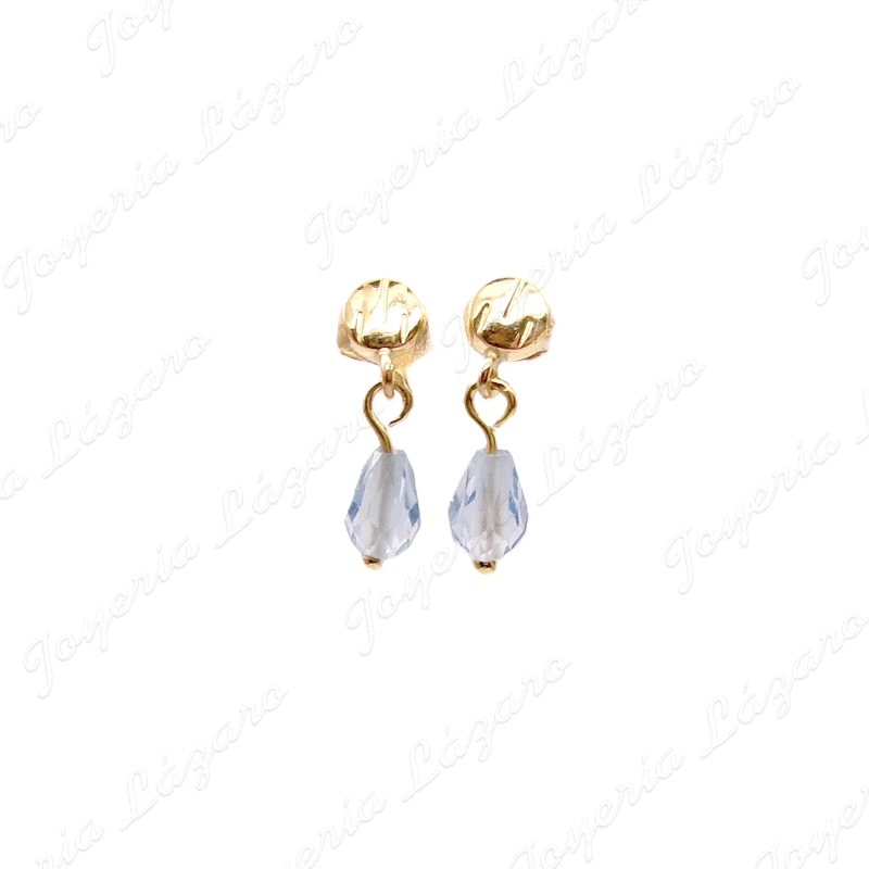 PEND. LARGOS ORO 18 KTS 15MM CHUPON CRISTAL AZUL+DISCO C. PRESION                                   