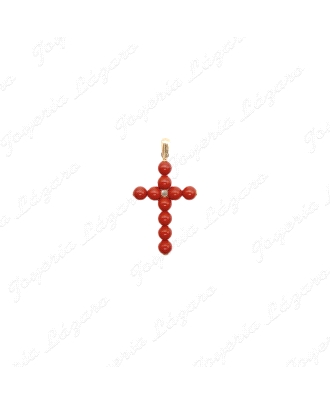 CRUZ ORO 18 KTS BOLITAS CORAL ROJO SINT. 13X22MM SIN ASA                                            