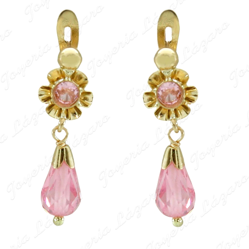 PEND. LARGOS ORO 18 KTS 20MM ARQUILLO+ CHUPON CRISTAL ROSA                                          