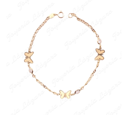 PULSERA ORO 18 KTS  3 MARIPOSAS CON 1 CIRCONITA BOCELADA CADA UNA