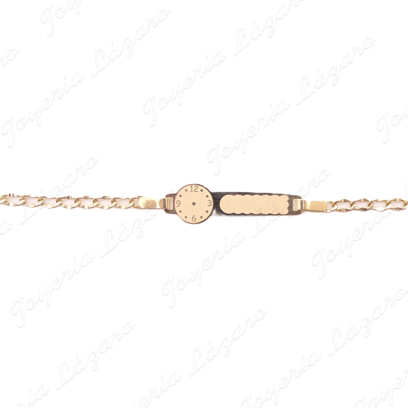 ESCLAVA BEBE ORO 18 KTS 2 POSTURAS PLACA RELOJ BARBADA                                              