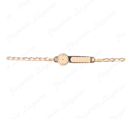 ESCLAVA BEBE ORO 18 KTS 2 POSTURAS PLACA RELOJ BARBADA                                              