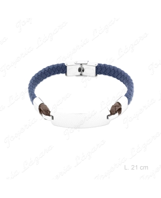 PULSERA ACERO Y PIEL AZUL Y MARRON  PLACA                                                           