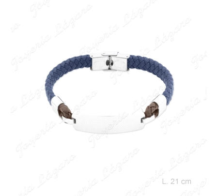 PULSERA ACERO Y PIEL AZUL Y MARRON  PLACA                                                           
