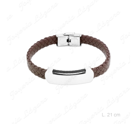 PULSERA ACERO PIEL MARRON PLACA                                                                     