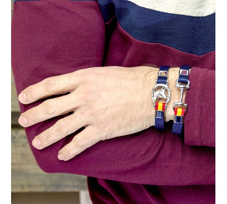 PULSERA ACERO  Y NAYLON AZUL,HERRADURA+CABALLO BANDERA ESPAÑA