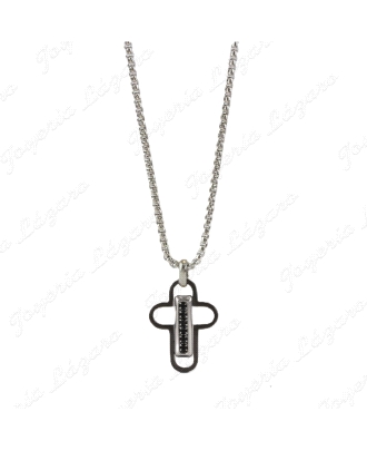 COLLAR ACERO COLGANTE CRUZ  BANDA VERTICAL CIRCOS NEGRAS                                            