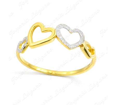 SORTIJA ORO 9 KTS CORAZONES LISOS AMARILLOS Y RALLADOS BLANCOS                                      